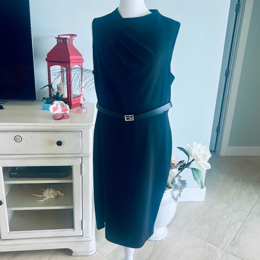 Calvin Klein Black Belted Sheath Dress Size 14 Sleeveless